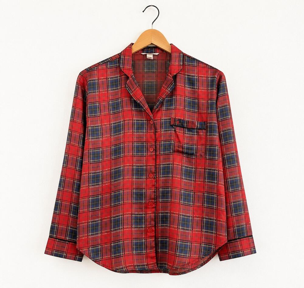 Victoria's Secret Sleep Shirt Women's M Red Plaid Button Up Pajama Top Satin
